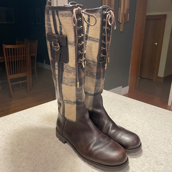 TORY BURCH Colbert Plaid Tall Riding Boot Leather Wool Boho Preppy Academia - Picture 1 of 16